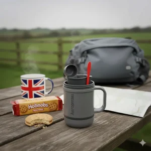 An AeroPress Go packed inside its travel mug next to a map and a snack, ready for a day of hiking in the UK.