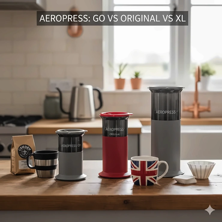 A side-by-side comparison of the AeroPress Go, Original, and XL models on a wooden kitchen worktop with a Union Jack mug. aeropress go vs original vs xl