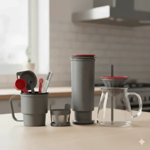 An illustration of the various scoops, stirrers, and carafes included with the AeroPress Go and AeroPress XL kits.