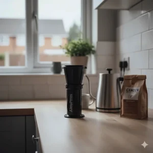 The AeroPress Original standing on a light oak kitchen worktop next to a bag of speciality coffee beans and a kettle.