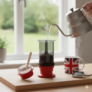 Close-up of hot water being poured from a stainless steel gooseneck kettle into an AeroPress Original for a fresh brew.