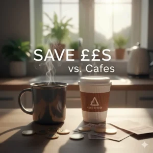 A steaming mug of AeroPress coffee next to a takeaway cup and British coins, illustrating the cost-saving value.