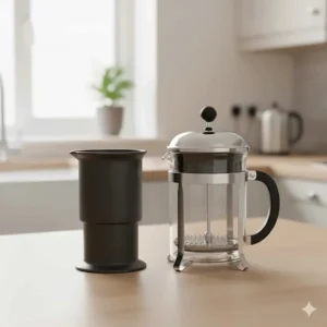 An AeroPress standing next to a traditional glass cafetiere to compare size and style for UK kitchens.