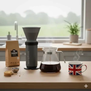 The AeroPress XL brewing coffee into a large glass carafe on a clean kitchen worktop, ideal for serving two or more people.