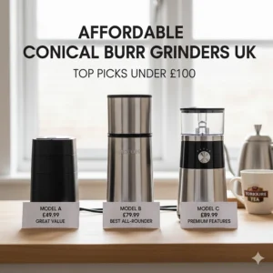 A photo of three different burr grinder models on a kitchen counter with price tags in Pounds Sterling highlighting affordable top picks under 100 pounds.