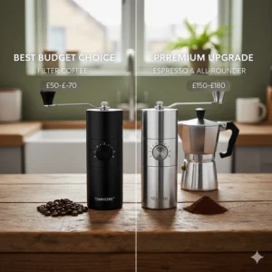 An infographic-style photo showing the Timemore C2 as the best budget choice and the 1Zpresso JX-Pro as the premium espresso-capable upgrade.