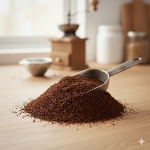 Close-up of medium-fine coffee grounds, perfect for achieving the best moka pot flavour without bitterness.
