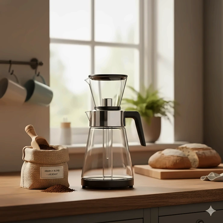 A sleek glass cold brew coffee maker sitting on a wooden kitchen worktop next to a bag of coarse-ground Arabica beans. cold brew coffee maker