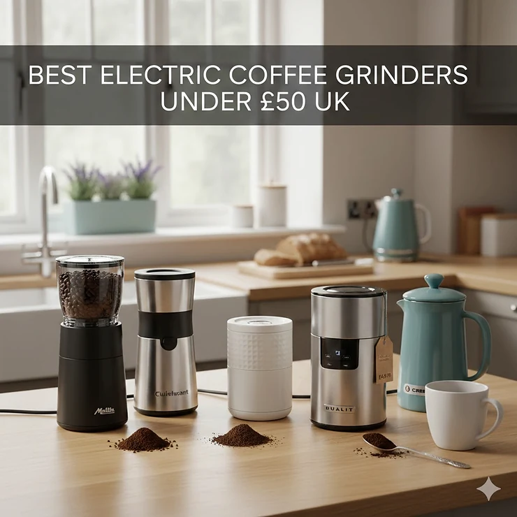 A professional selection of the best electric coffee grinders under £50 available in the UK, shown on a modern oak worktop with natural morning light. best electric coffee grinder under £50 uk