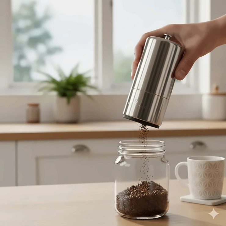 A premium stainless steel manual coffee grinder held over a glass jar, showing freshly ground coffee beans in a modern British kitchen. manual coffee grinder