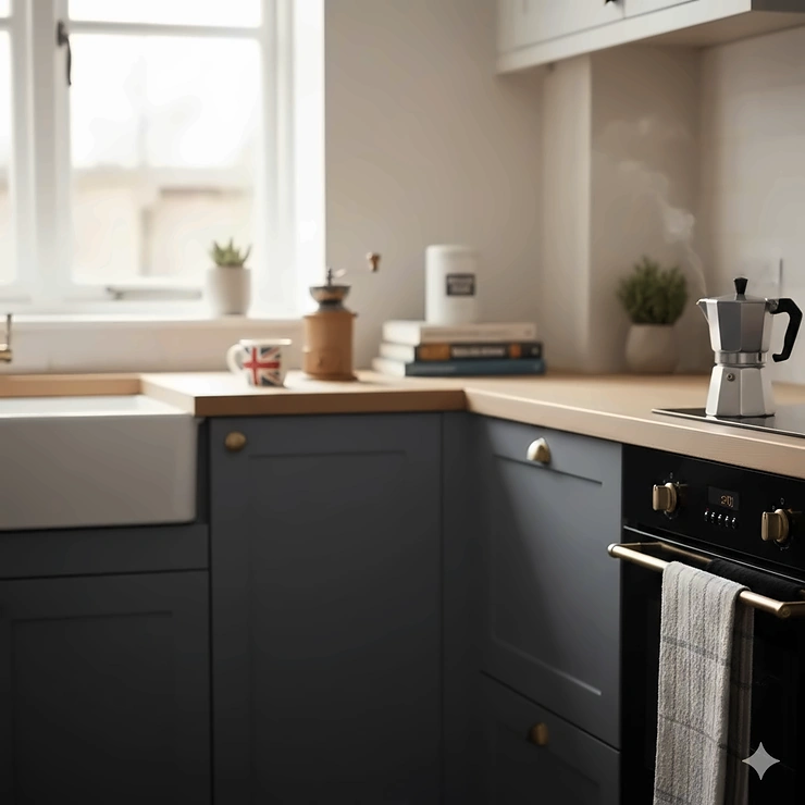 A classic aluminium moka pot brewing fresh espresso on a modern induction hob in a bright UK kitchen with a Belfast sink. best moka pot