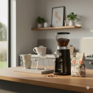A sleek black burr coffee grinder integrated into a contemporary UK home coffee station setup.
