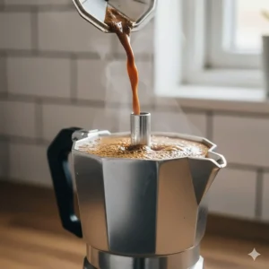 Rich, dark coffee bubbling into the upper chamber of a moka pot during the final stage of brewing.