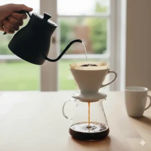 Pouring hot water from a gooseneck kettle over a Hario V60 dripper for a clean, filtered coffee.