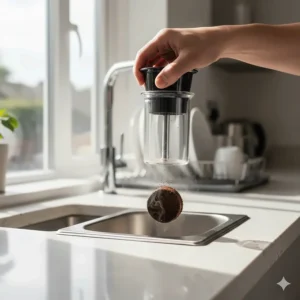 Ejecting the used coffee puck into a kitchen sink, demonstrating the quick 30-second cleanup.
