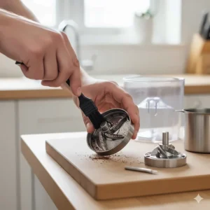 A person using a small black cleaning brush to maintain the removable metal burr components of a coffee grinder on a wooden chopping board.
