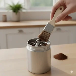 Illustration showing how to clean a manual coffee grinder using a soft-bristled brush to remove leftover dust.