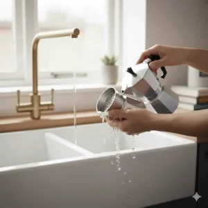 A person rinsing a disassembled moka pot under a gold-finish kitchen tap into a white ceramic sink.