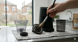Removable components of the quietest coffee grinder laid out on a kitchen towel, demonstrating how easy it is to clean the burr assembly.
