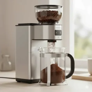 A coarse coffee grind setting on a burr grinder, ideal for brewing in a traditional glass cafetière.