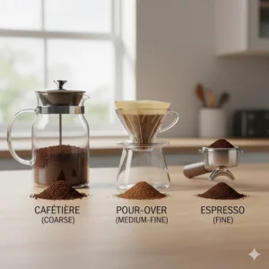 Diagram showing manual coffee grinder settings ranging from coarse for Cafetiere to fine for espresso.