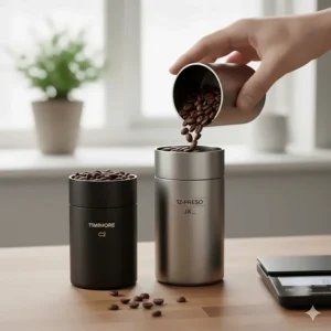Weighing coffee beans into the hoppers of both grinders, comparing the C2's 25g limit with the JX-Pro's larger 35g capacity.
