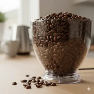 A large transparent hopper filled to the brim with dark roasted coffee beans showing the bean capacity of a home burr grinder.