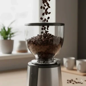 Roasted Arabica coffee beans filling the hopper of an automatic burr coffee grinder.