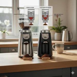 Diagram showing where ground coffee can get trapped inside the chamber of a flat burr vs conical burr grinder.