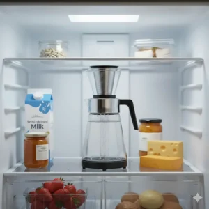 A compact cold brew coffee maker steeping on a shelf inside a domestic British fridge.