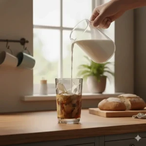A splash of milk being added to a glass of cold brew coffee, creating a marble effect.