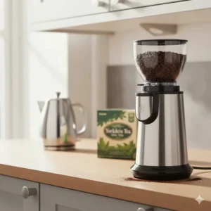 A sleek silver burr grinder positioned on a kitchen worktop beneath grey cabinets featuring a box of British tea and a stainless steel kettle.