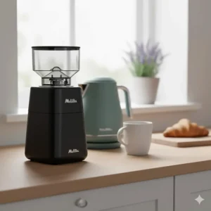 A compact black Melitta electric coffee grinder sitting on a clean British kitchen worktop next to a kettle and a fresh croissant.