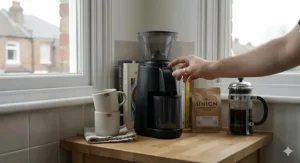 A compact quietest coffee grinder designed to fit neatly in a small kitchen, ideal for home baristas with limited workspace in a modern British home.