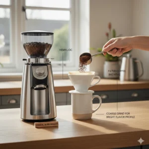 A ceramic filter coffee dripper being filled with coffee ground by a conical burr grinder for a bright flavour profile.