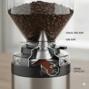 Internal diagram showing the cone-shaped ring and centre burr of a conical coffee grinder.