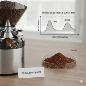 Infographic showing the bimodal particle size distribution produced by conical burrs.