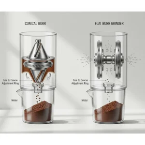 A technical diagram comparing the internal mechanisms of conical and flat burr coffee grinders.