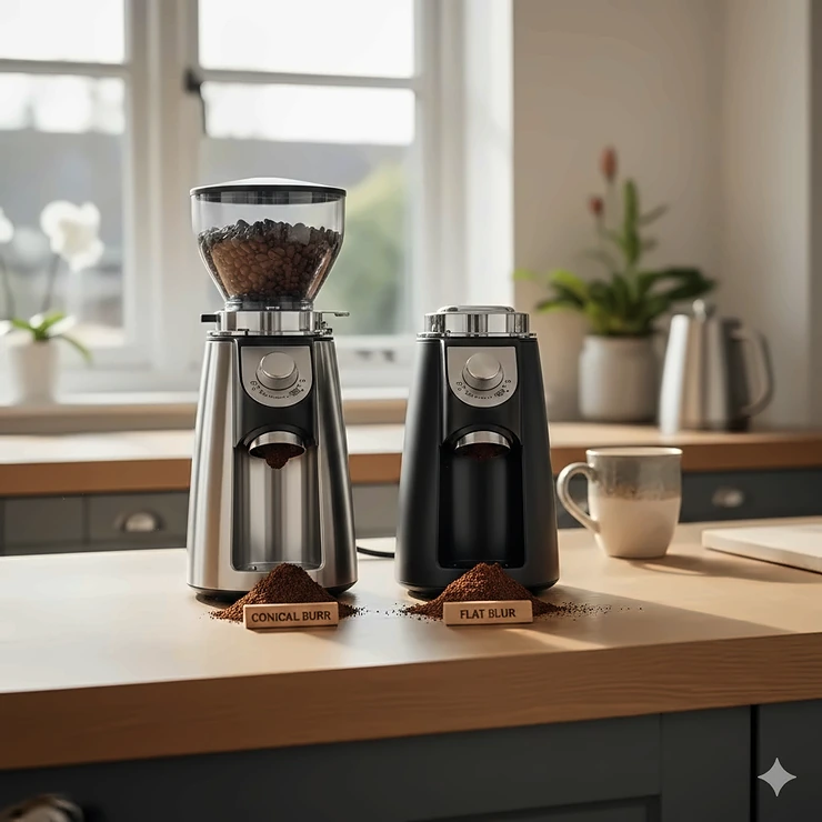 A side-by-side comparison of a conical burr grinder and a flat burr grinder on a wooden kitchen worktop. conical vs flat burr grinder