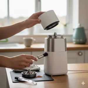 A person cleaning a white electric coffee grinder using a small brush, demonstrating the ease of maintenance for UK home brewers.