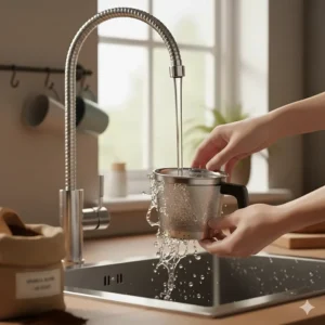 A detachable fine-mesh nylon filter for a cold brew maker being rinsed under a kitchen tap.