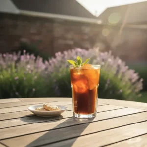 A glass of iced cold brew coffee on a patio table during a sunny British summer afternoon.