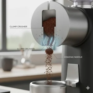 Illustration showing how an anti-static needle or clump crusher works in an espresso grinder.