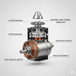 Technical drawing of a high-torque DC motor used in premium UK espresso grinders.