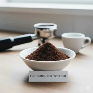 A white ceramic bowl containing a fine powdery coffee grind suitable for espresso placed next to a metal portafilter on a wooden surface.