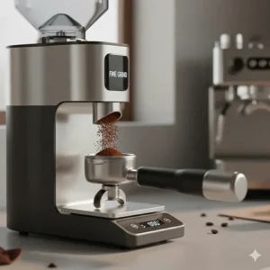 Fine coffee grounds suitable for espresso being dispensed from a high-quality burr grinder.