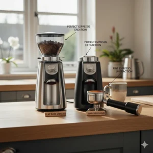 Close-up of finely textured ground coffee prepared using a flat burr grinder for a balanced espresso.
