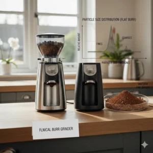 Graph illustrating the uniform unimodal grind consistency achieved with flat burr grinders.