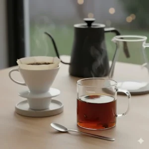 A fresh cup of pour-over coffee brewed using the Hario V60 kit, highlighting the clarity of the brew.