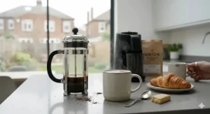 A steaming cup of artisanal coffee brewed with grounds from the quietest coffee grinder, placed in a bright, modern British kitchen.